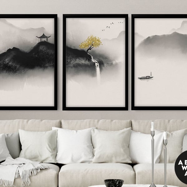 Office decor gift for sister, wall Decor living room Japandi prints of 3 wall ar