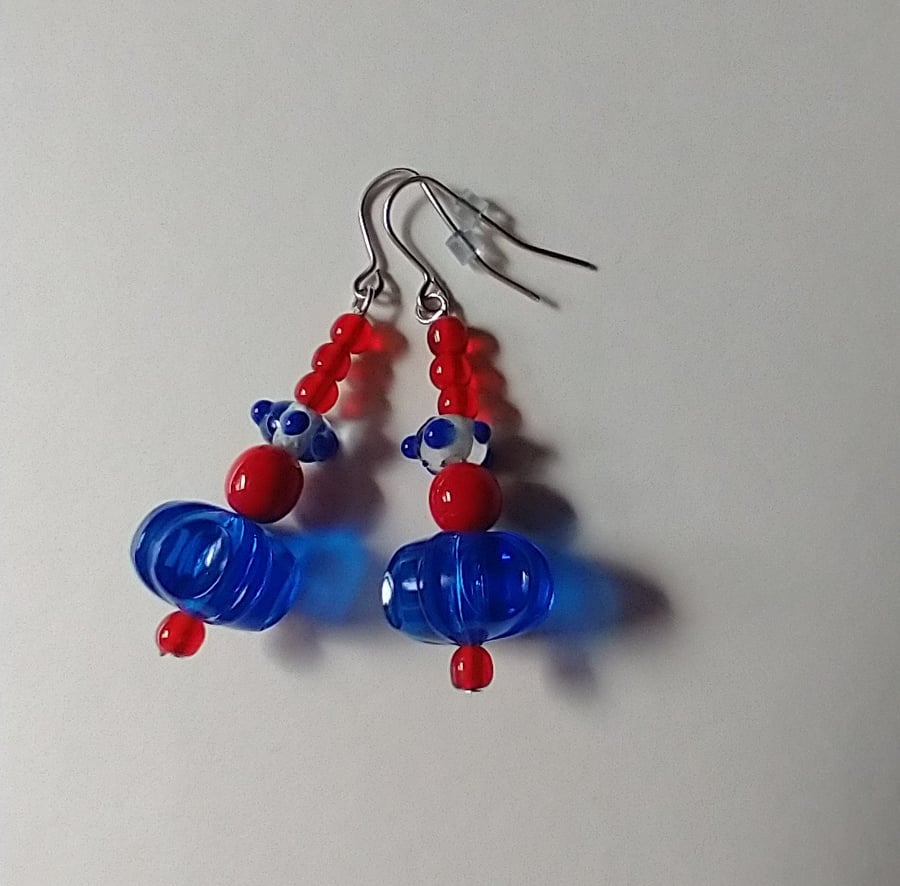 Red and Blue upcycled beads earrings 