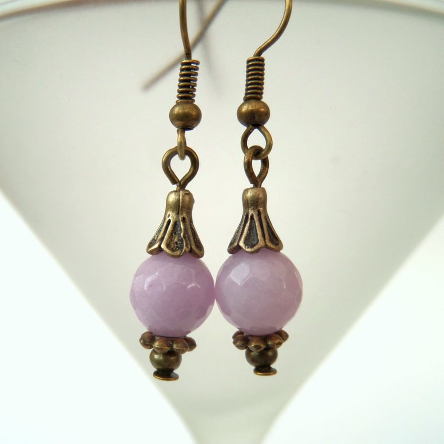 SALE: Lavender pink jade bronze earrings, vintage inspired