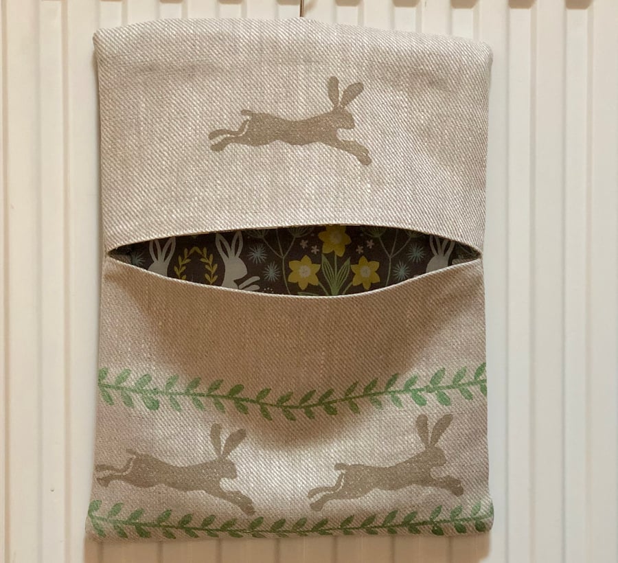Hand Printed Linen Peg Bag- Leaping Wild Hare
