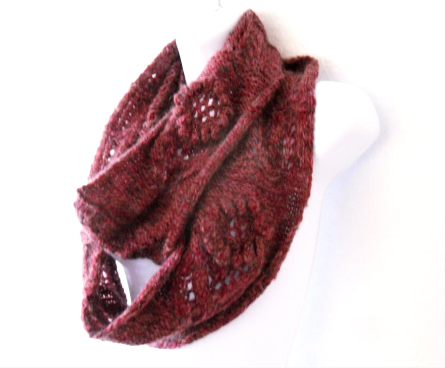Maroon Infinity Scarf with flower detail , HALF PRICE