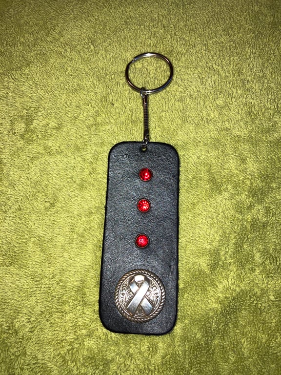 Black dyed Leather Keyring owith 3 Red Gemstones & Roped Ribbon design FREE SHIP