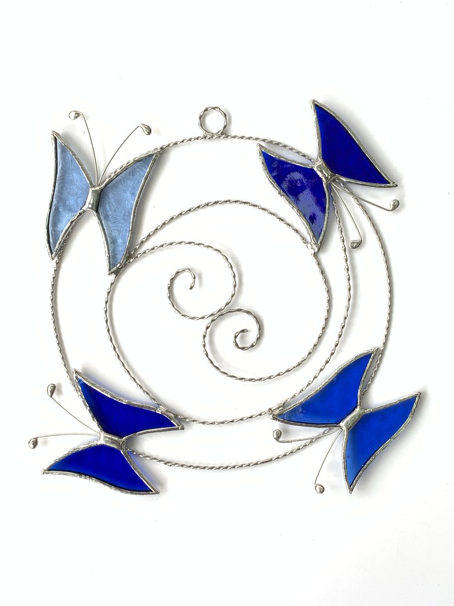 Small Butterfly Circle  Suncatcher - Handmade Decoration - Blue