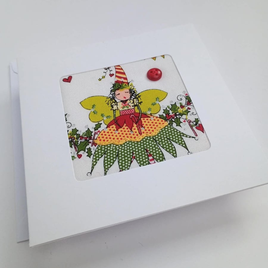 Christmas Pixie card - hand embroidered fabric greetings card
