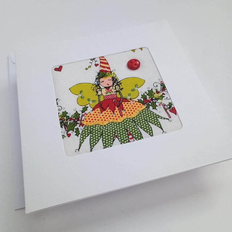 Christmas Pixie card - hand embroidered fabric greetings card