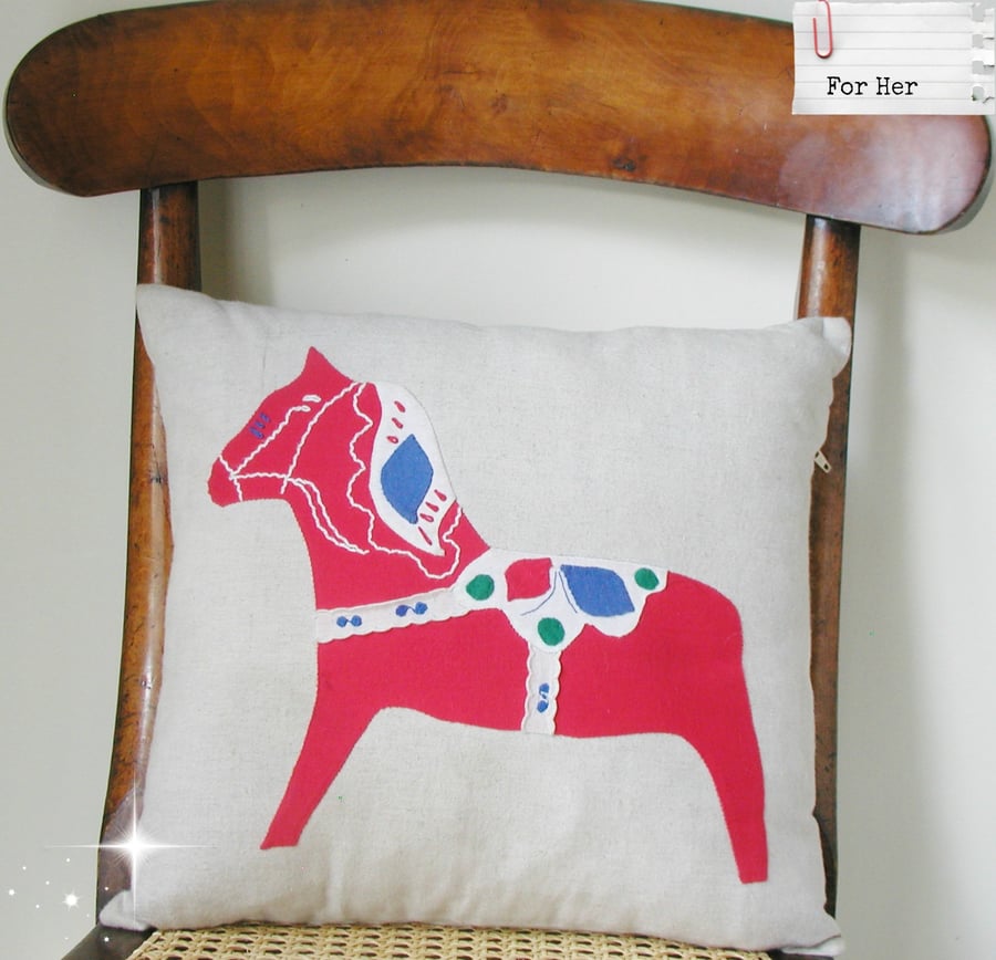 Nordic Scandinavian Dala Horse Embroidered and Applique Cushion- gift.