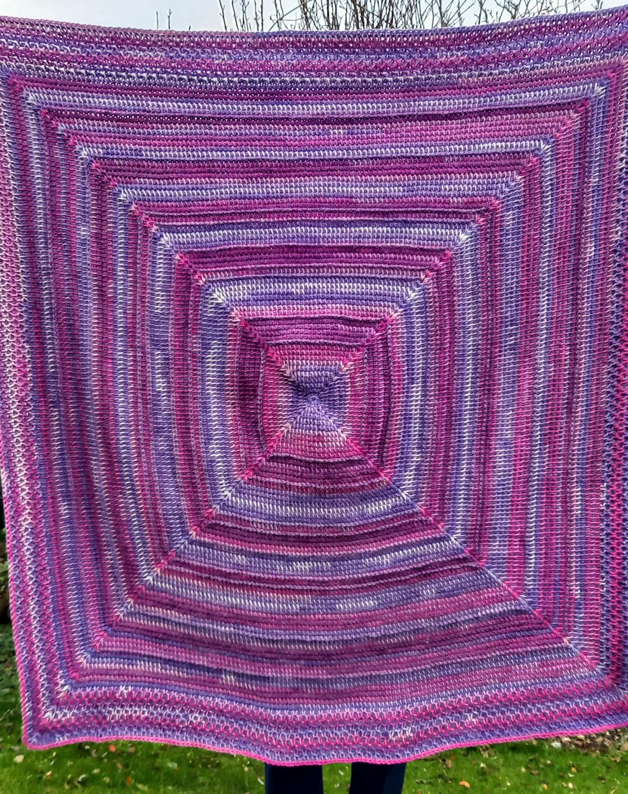 Handmade Tunisian Crochet Throw Blanket, Purple Pinks, Lapghan