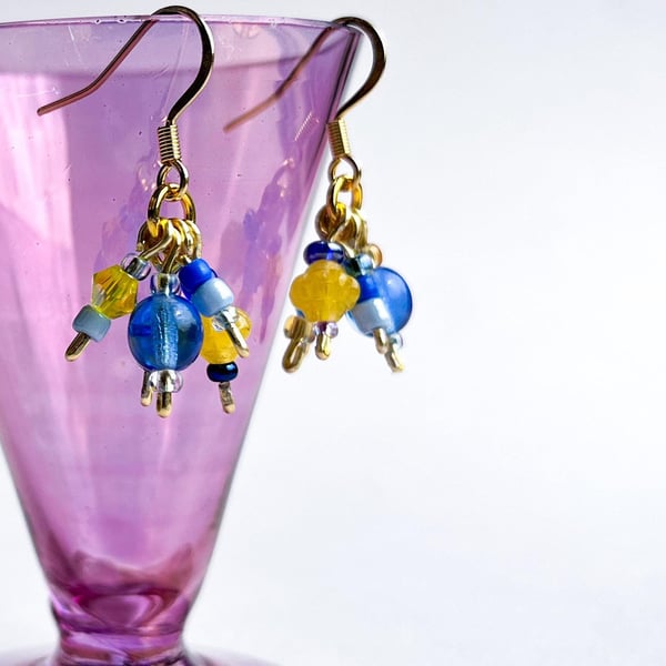 Blue and Yellow Bead Charm Earrings – Colourful and Lightweight