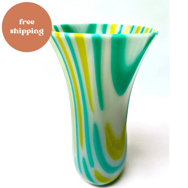 Teal Blue, Citronelle Green and Grey Fused Glass Bud Vase
