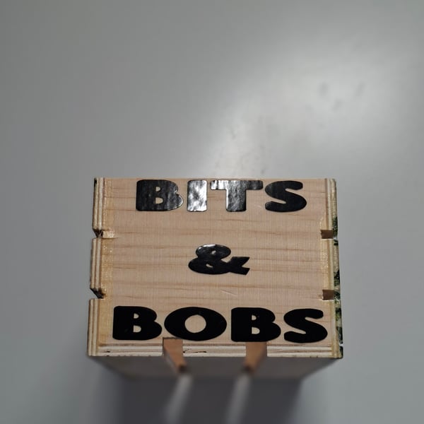 Small decoupage crate with 'bits and bobs' lettering