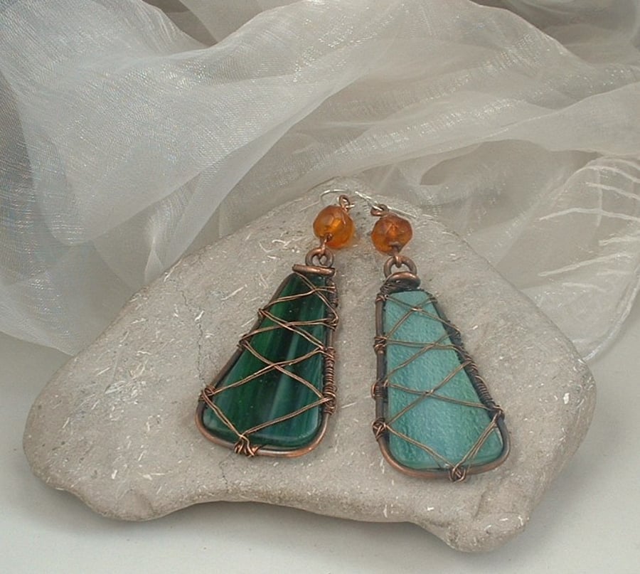 Rustic Green Glass Copper Wire Wrapped Earrings with Amber Beads
