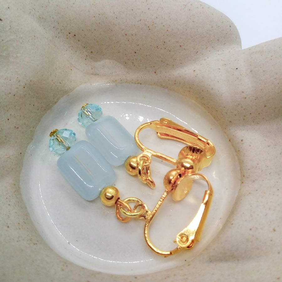Pale Blue Rectangular Bead and Light Blue Crystal Rondelle Bead Clip On Earrings