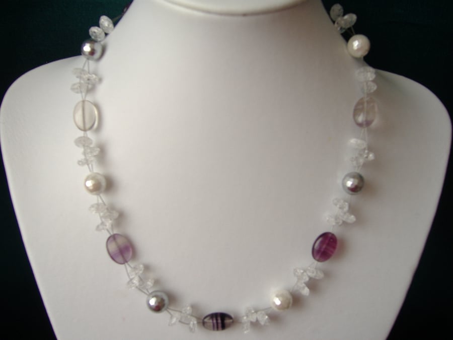 Rainbow Fluorite, Crackled Quartz & Shell Pearl Necklace - Sterling Silver 