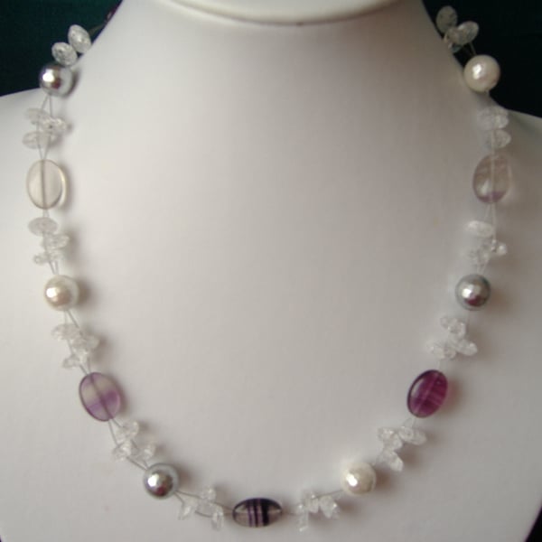 Rainbow Fluorite, Crackled Quartz & Shell Pearl Necklace - Sterling Silver 