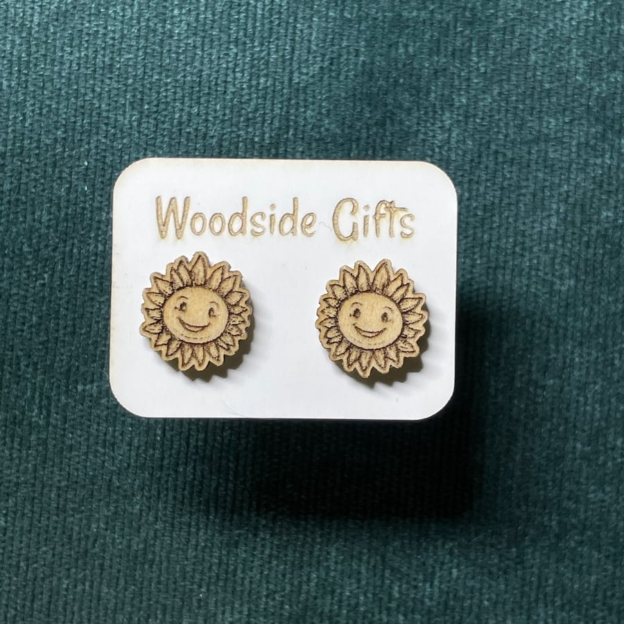 Sunflower earrings, laser engraved stud earrings