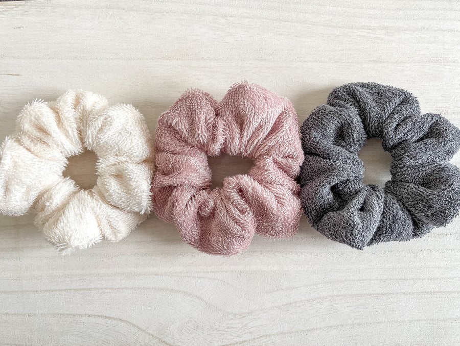 Eco Friendly Bamboo Towel Scrunchie, Ivory, Pink, Grey, Hair Scrunchies