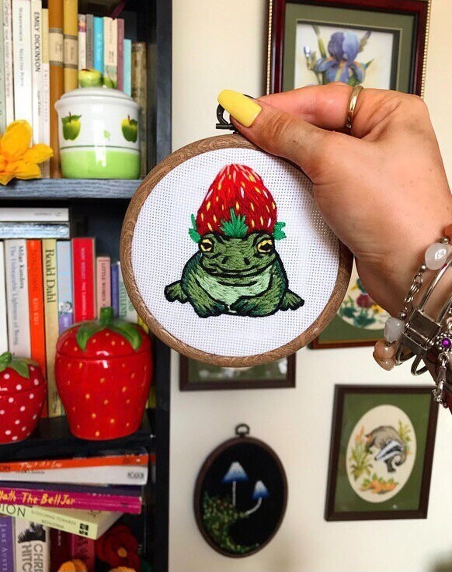 Cute strawberry frog hand embroidery wall hanging!