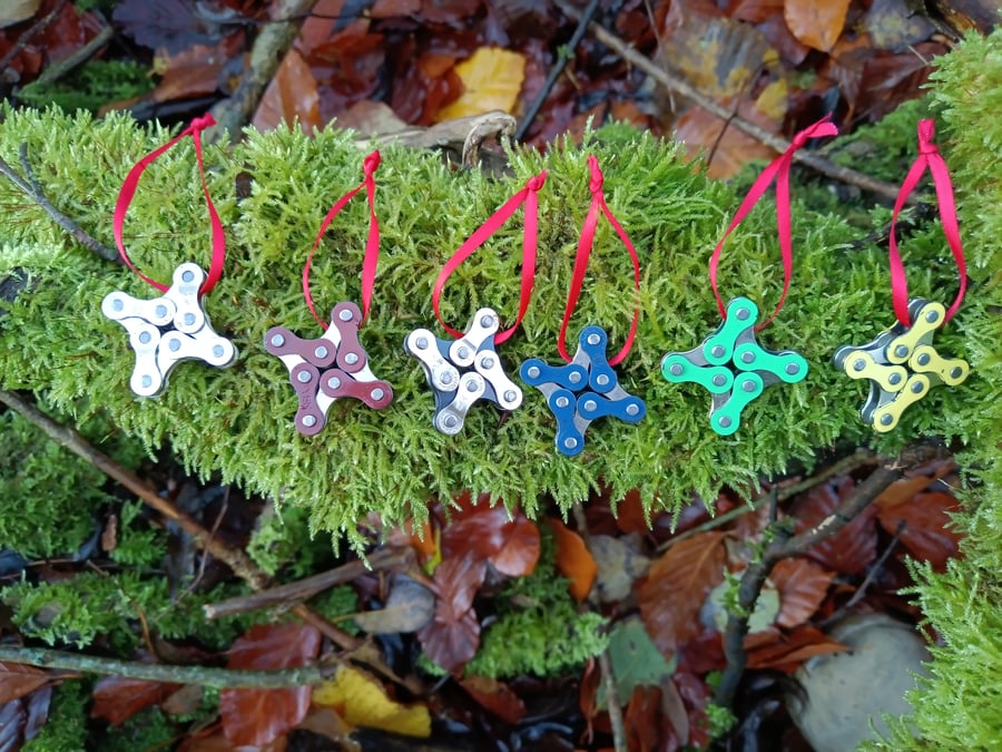 Christmas Tree Decorations Colourful Little Stars Handmade from Bike Chains.