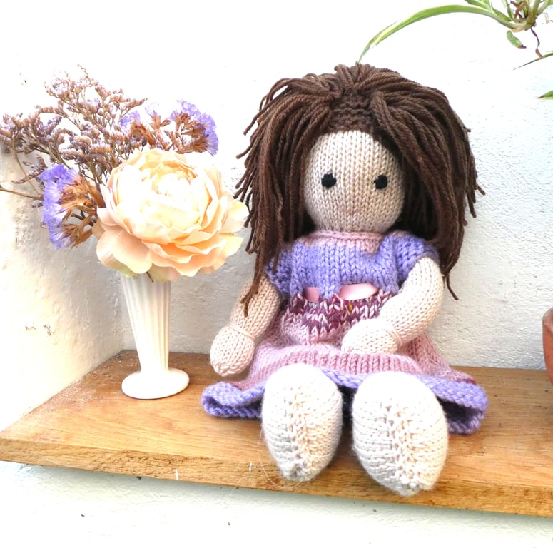 Doll. Hand Knitted Doll 12" handmade Doll with Brown Hair & Removable  Dress