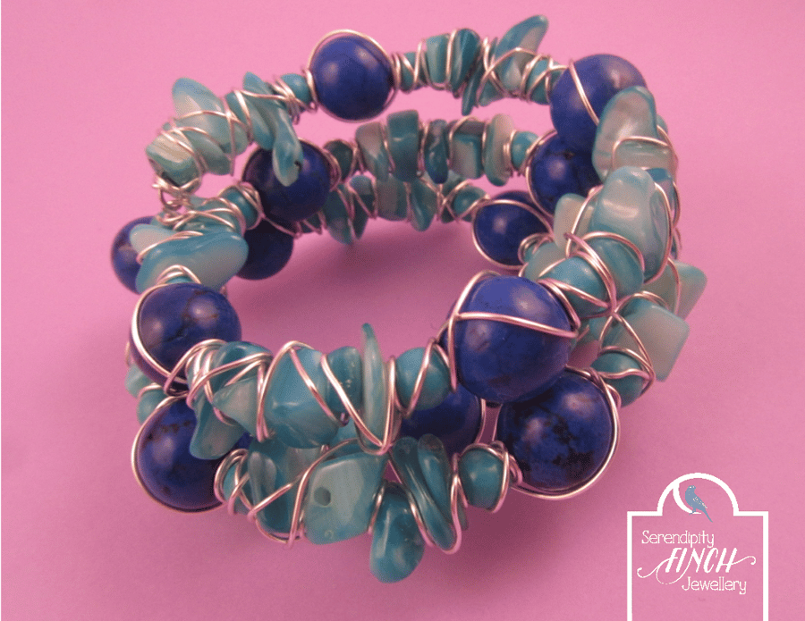 Blue Magnesite Shell Wire Wrapped Memory Wire Bracelet