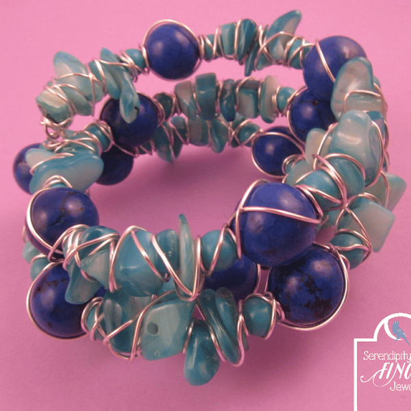 Blue Magnesite Shell Wire Wrapped Memory Wire Bracelet