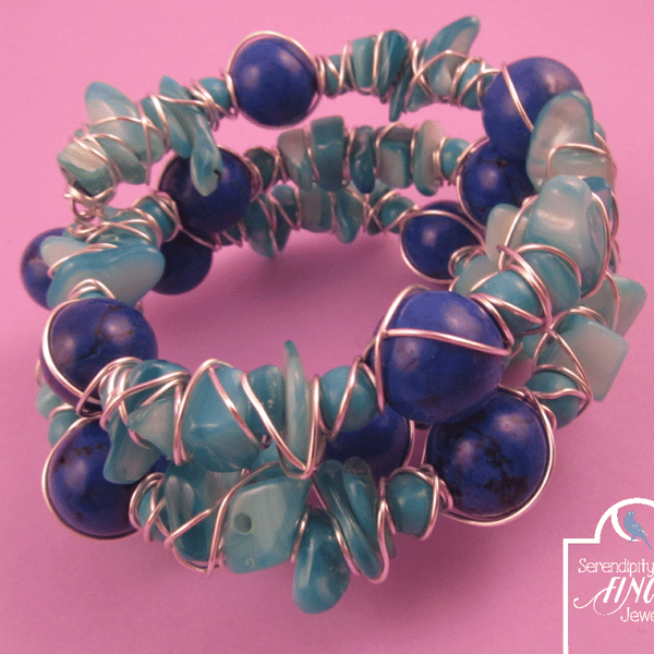Blue Magnesite Shell Wire Wrapped Memory Wire Bracelet