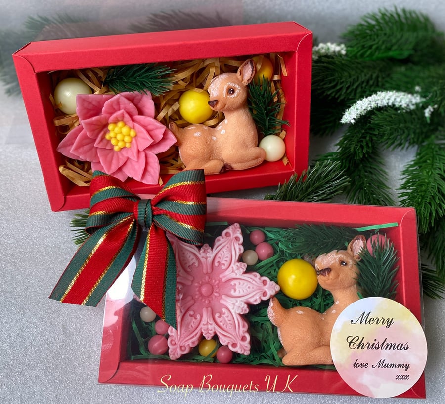 Christmas Gift Sets: Handmade Vegan Soap with Poinsettias, Reindeer, Snowflake