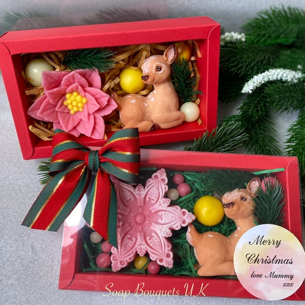 Christmas Gift Sets: Handmade Vegan Soap with Poinsettias, Reindeer, Snowflake