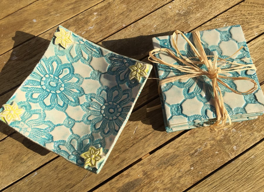 Coasters, set of 4 with a matching trinket dish