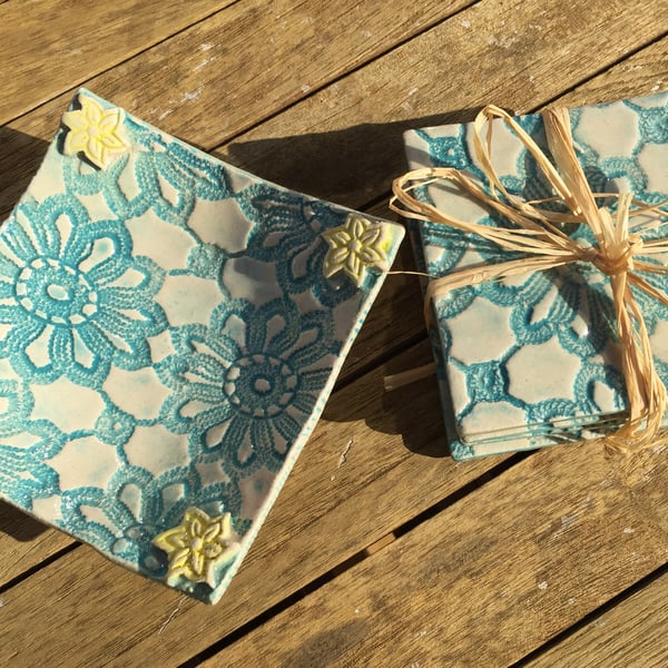 Coasters, set of 4 with a matching trinket dish