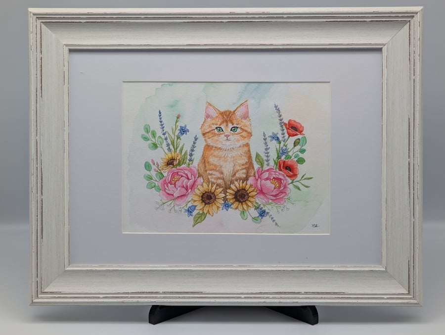 Golden Sunshine Kitten: Original Framed Ginger Cat & Sunflower Painting