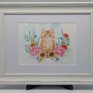 Golden Sunshine Kitten: Original Framed Ginger Cat & Sunflower Painting