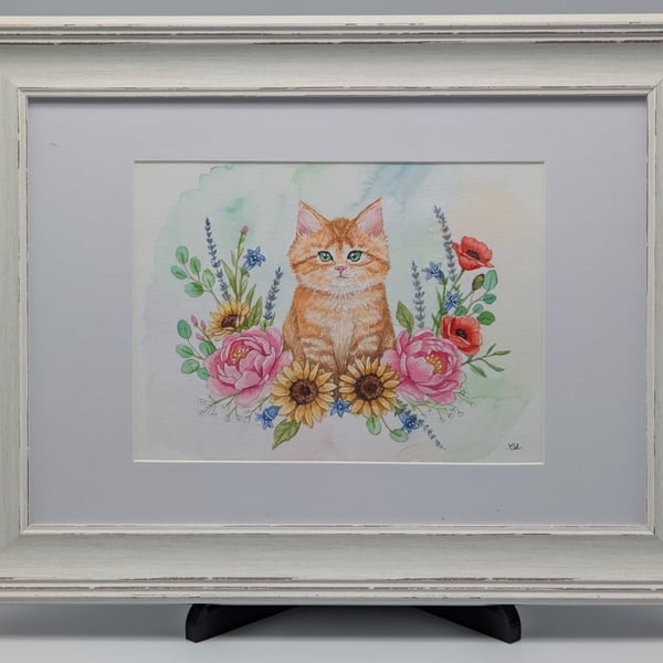Golden Sunshine Kitten: Original Framed Ginger Cat & Sunflower Painting