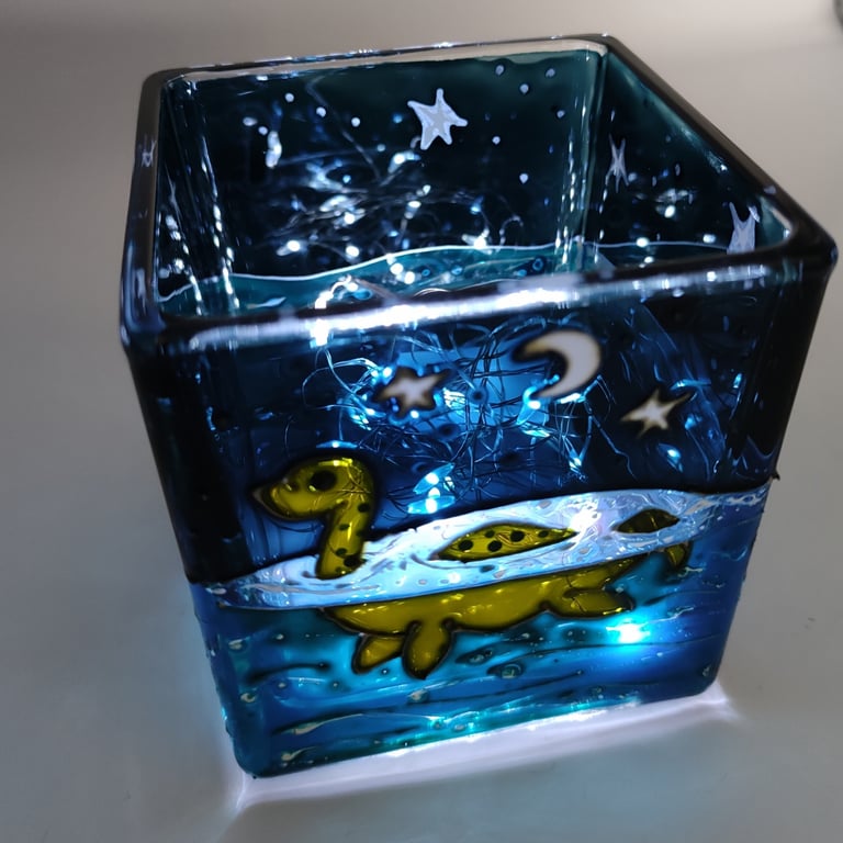 Candle holder, hand painted glass, Loch Ness Monster, Nessie