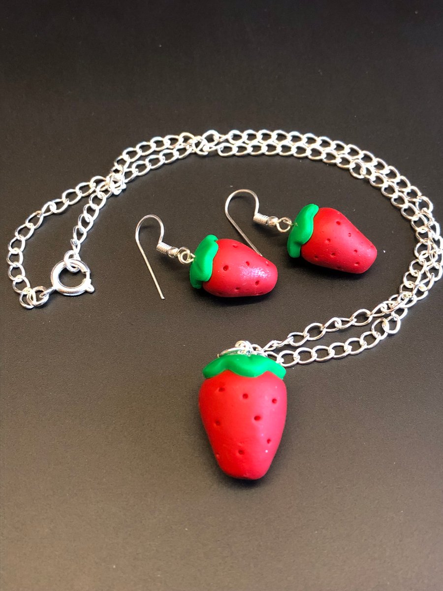 Strawberry Design Polymer Clay Necklace And Earrings