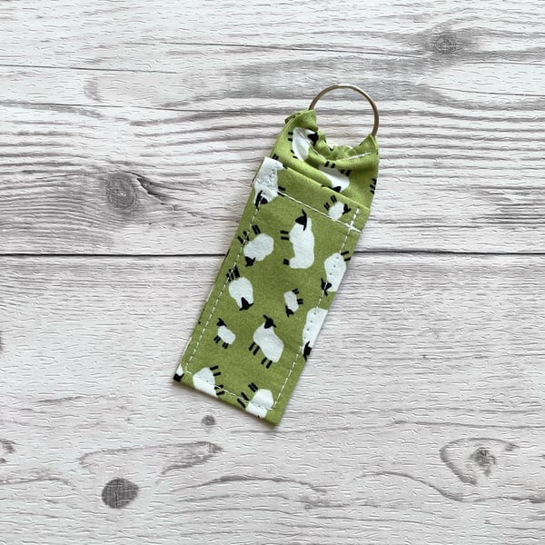 Sheep themed fun lip balm green cotton fabric keyring. Farm animals keychain.