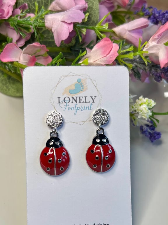 Ladybird Enamel Dangle Earrings, Charm Earrings, Handmade Jewellery 