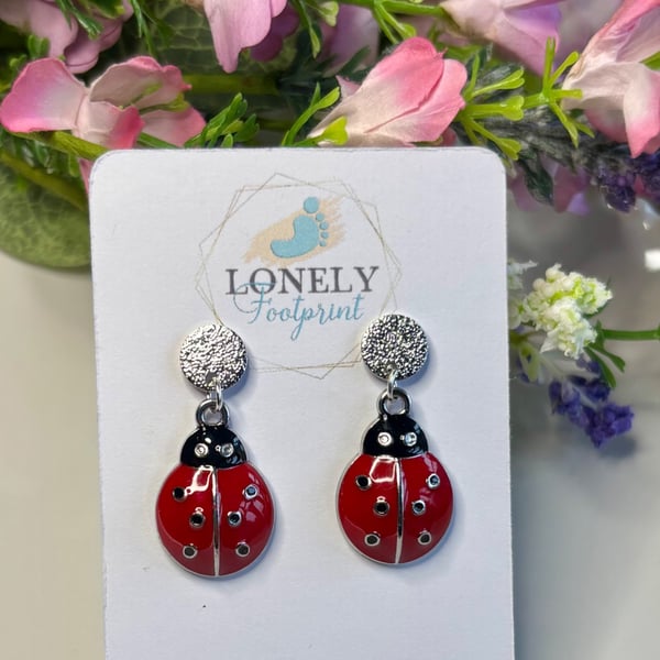Ladybird Enamel Dangle Earrings, Charm Earrings, Handmade Jewellery 