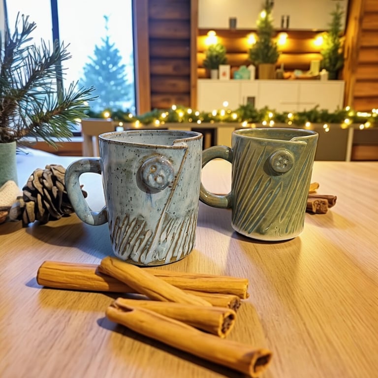 Set of 2 hand thrown wrap around button mugs - unique