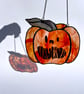 Iridescent orange stained glass pumpkin suncatcher with draw your own kit