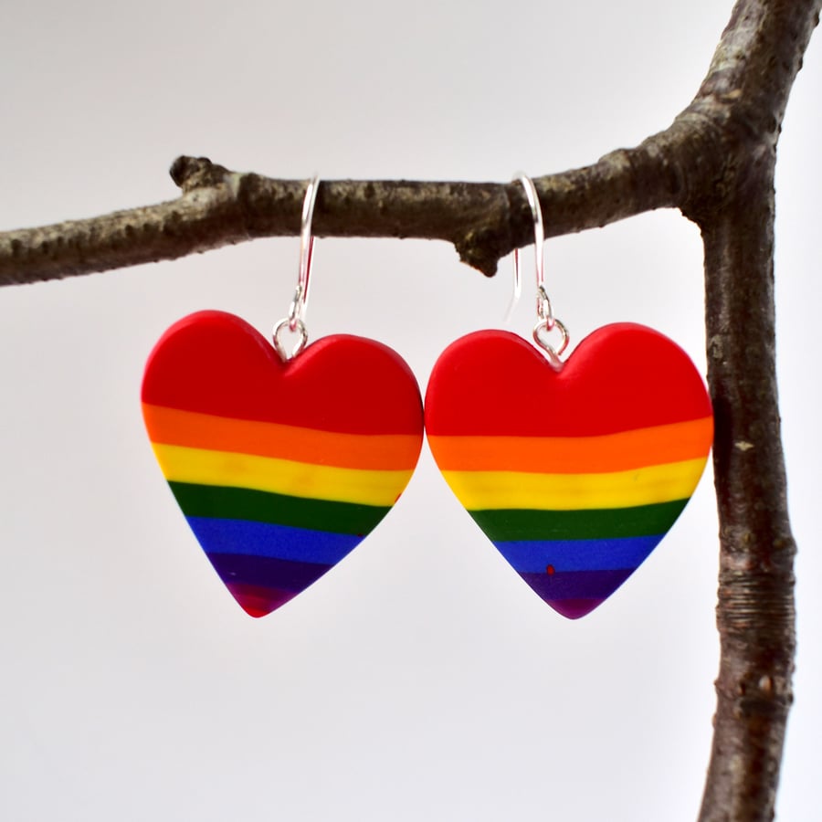 Polymer Clay Rainbow Pride Valentine's Day Heart Drop Earrings