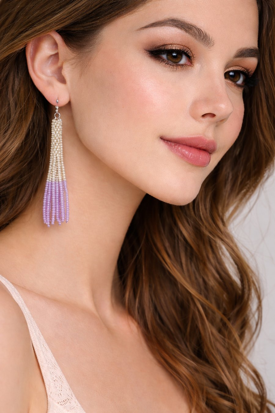 Statement Jewelery Handmade Silver & Lilac Beaded Tassel Earrings Miyuki