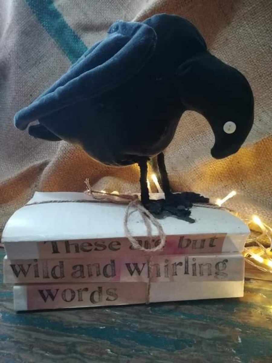 Textile art, mixed media, bird sculpture, book prop, book lover gift, raven, 