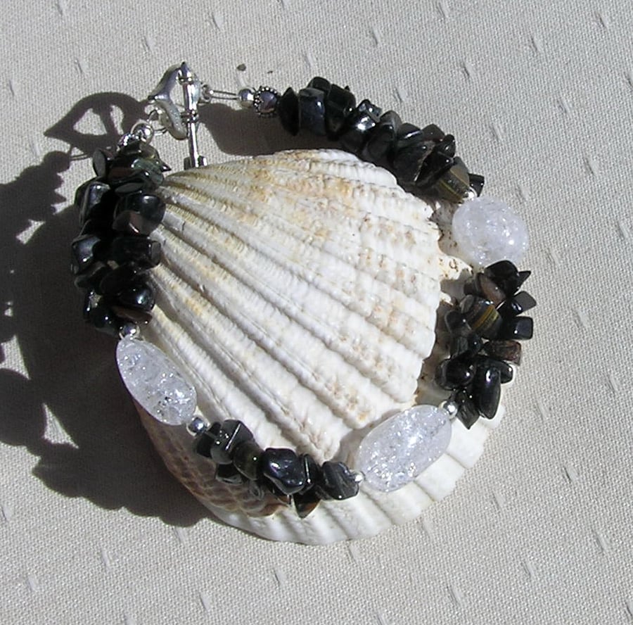 Blue Tigers Eye & Crackled Clear Quartz Crystal Gemstone Bracelet "Venetian Dew"