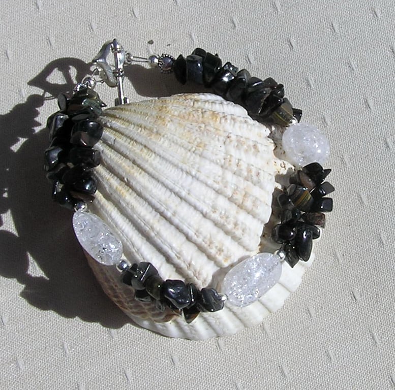 Blue Tigers Eye & Crackled Clear Quartz Crystal Gemstone Bracelet "Venetian Dew"