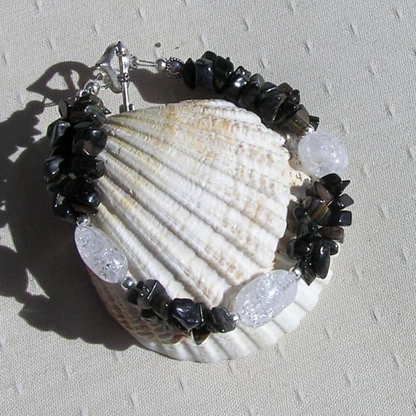 Blue Tigers Eye & Crackled Clear Quartz Crystal Gemstone Bracelet "Venetian Dew"