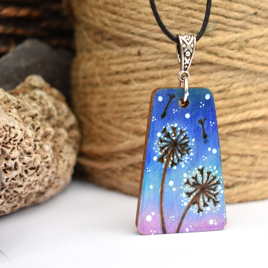 Twilight dandelion clocks pyrography wooden pendant necklace. Wish or weed? 