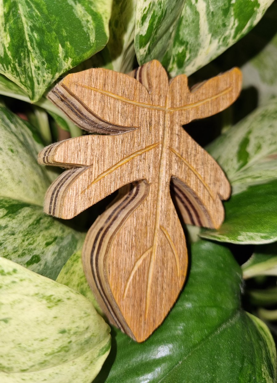 Handmade wooden Philodendron florida tropical house plant leaf ornament keyring.