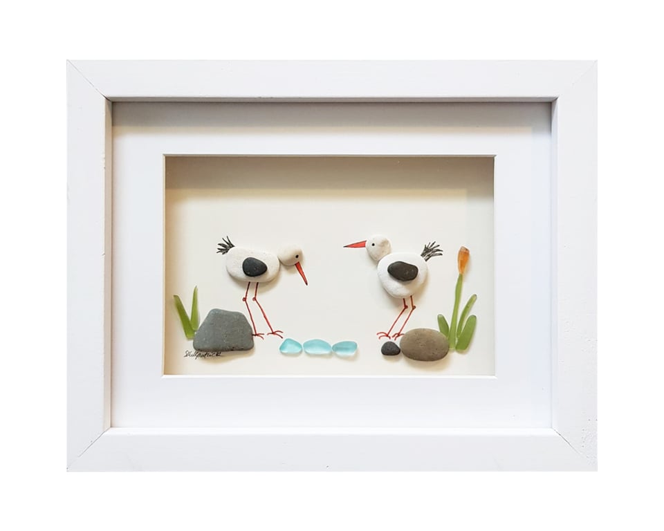 Oystercatchers - Sea Glass & Pebble Picture - Framed Unique Handmade Art