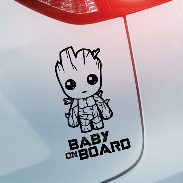 BABY ON BOARD - Car Window Bumper Vinyl Decal Sticker. Baby Groot (Type 1)